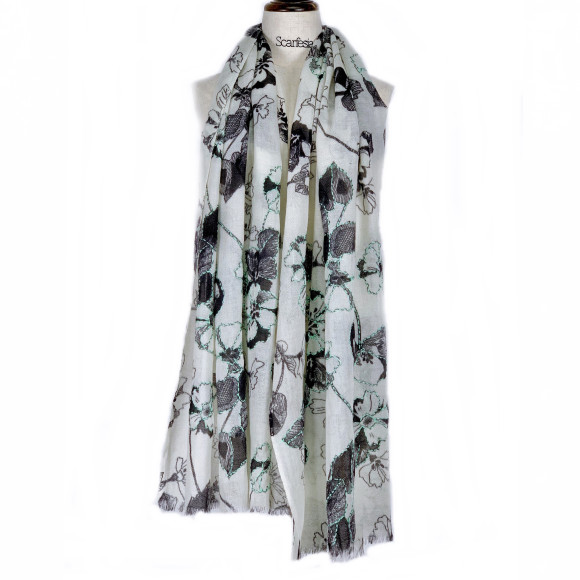 'mono garden' print+emb scarf (White & Black)