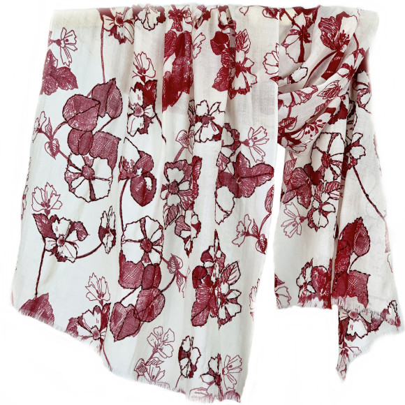 'mono garden' print+emb scarf (White & Red)