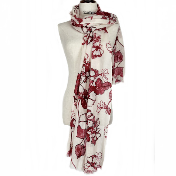 'mono garden' print+emb scarf (White & Red)