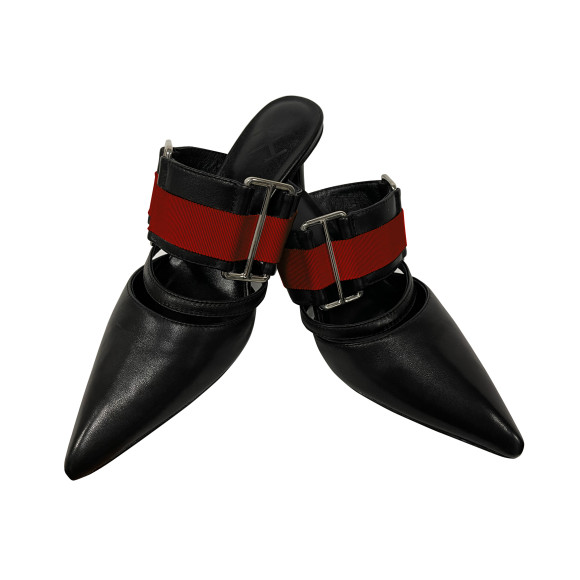 65mm leather pumps (Black with red ribbon)
