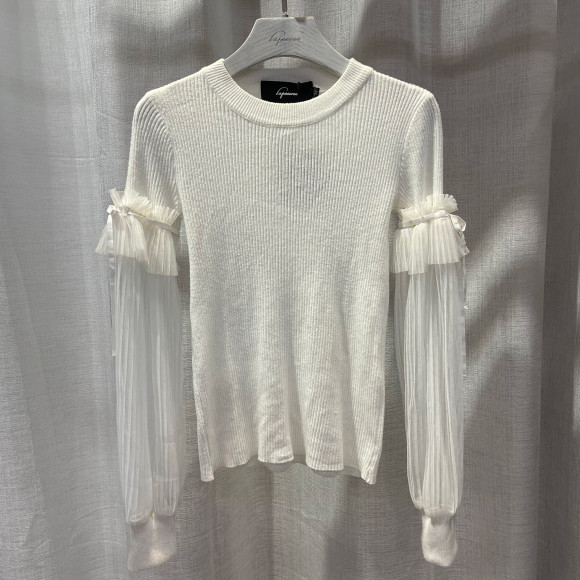 Knit mesh sleeves top (White)