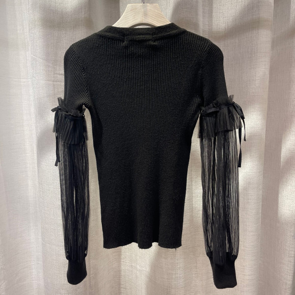 Knit mesh sleeves top (Black)