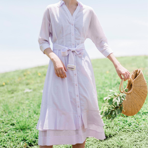 Japanese Texture Cotton Button-up Dress lilac