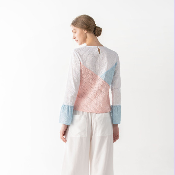 Japanese Cotton Eyelet Color block Blouse