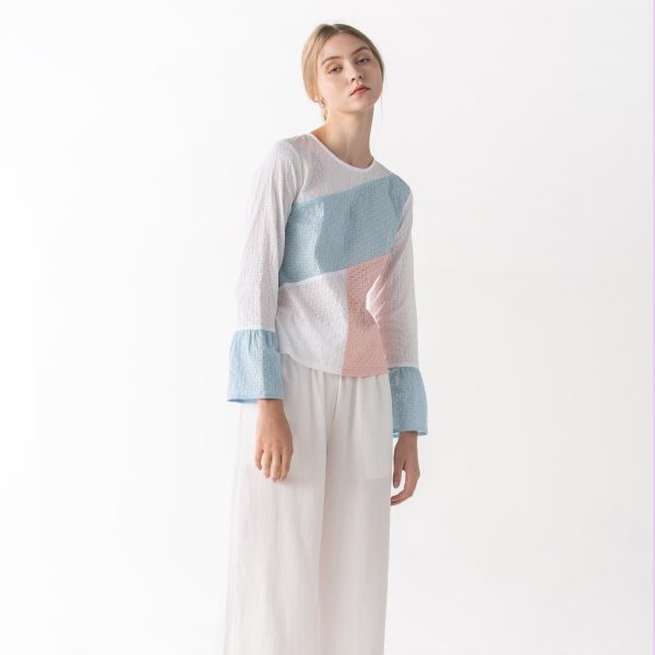 Japanese Cotton Eyelet Color block Blouse - Image 3