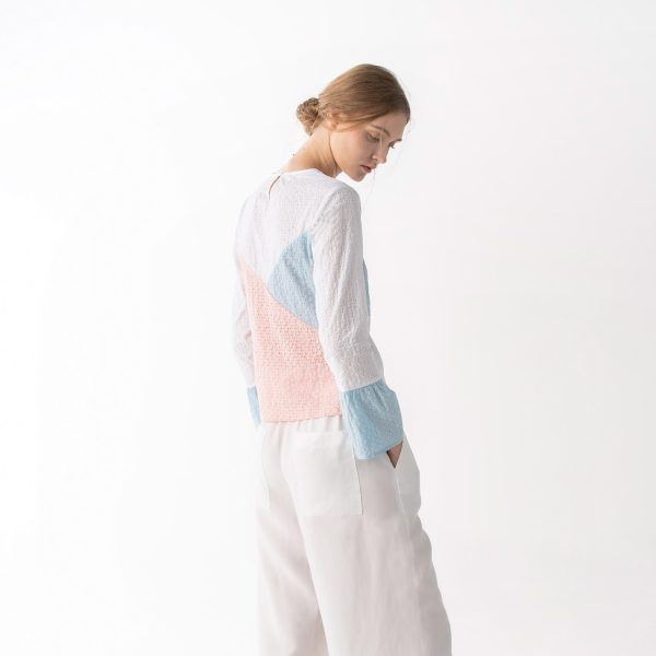 Japanese Cotton Eyelet Color block Blouse - Image 4
