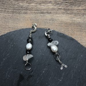 Mixed Stones And Silver Moon Stud Earrings